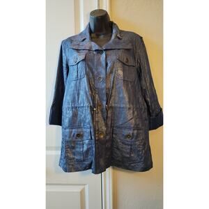 Chicos Women's Blue Floral Metallic Shimer Roll Tab Sleeve Jacket Size 1